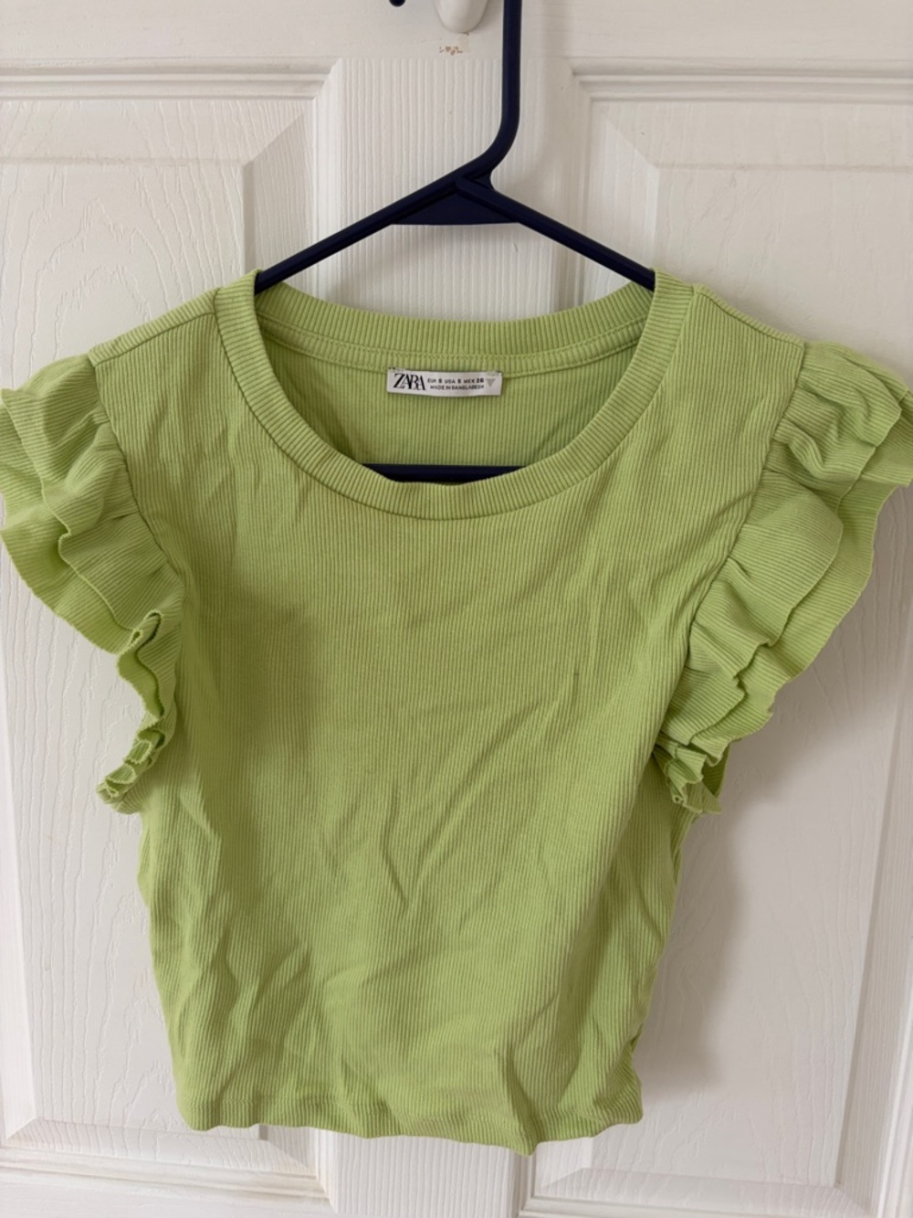 Zara Lime Green Ribbed Ruffle Sleeve Tee